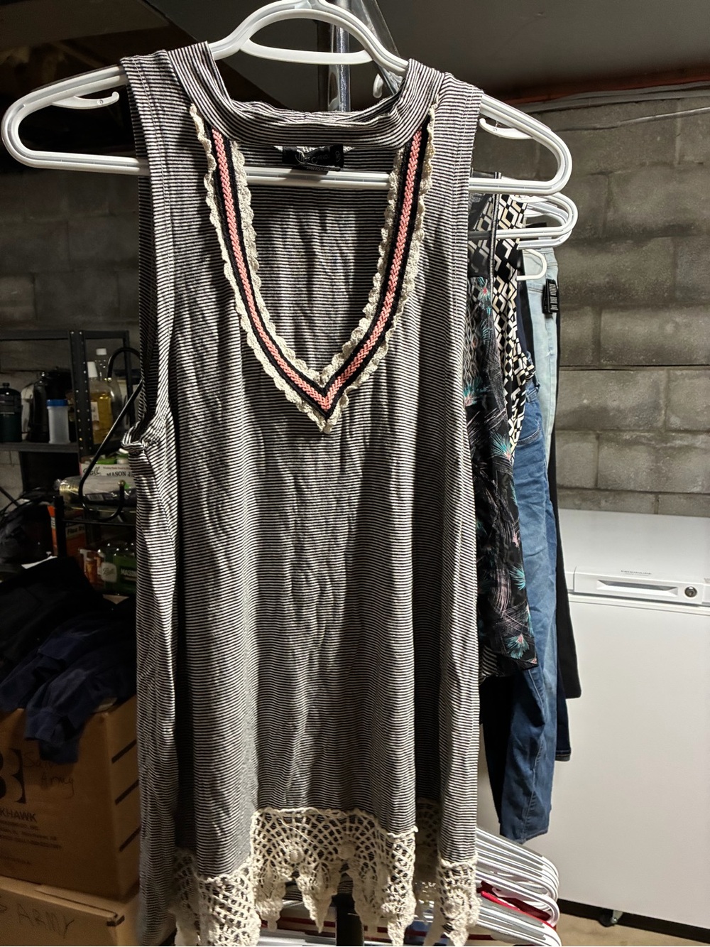 Miss Chievous Gray Striped Tank with Pink and Cream Trim